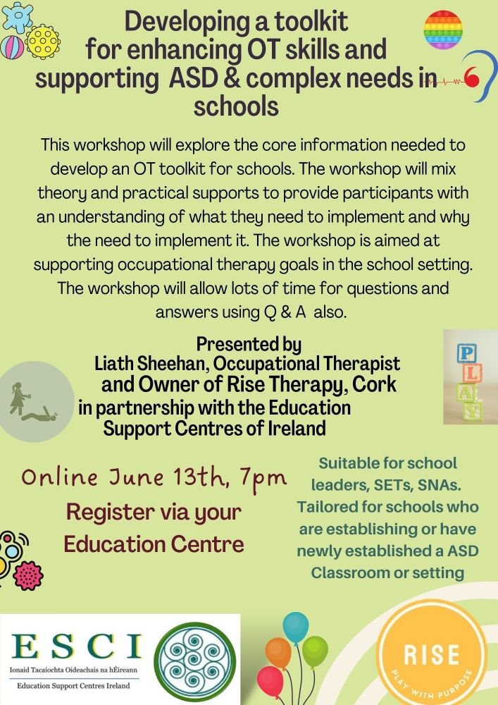 limerickedcentr's tweet photo. Do you have the core information needed to develop an OT toolkit for your classroom?
@liathsheehan of Rise Therapy Cork presents a workshop is aimed at supporting occupational therapy goals in the school setting.
https://t.co/W5tkpBOOxe
#supportingASD #ASDclassroom https://t.co/PRzG2KknYk