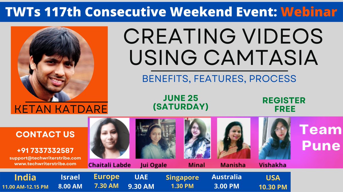 Techwriterstri1's tweet photo. TWT Team Pune invites you to join us for a webinar on June 25.
Let Ketan Katdare share his extensive experience in using Camtasia to create videos.
For free registration, please access https://t.co/LsffIOWaWQ.
#techwriterstribe #webinar #techsmith #camtasia #technicalwriters https://t.co/45dFIomJqD