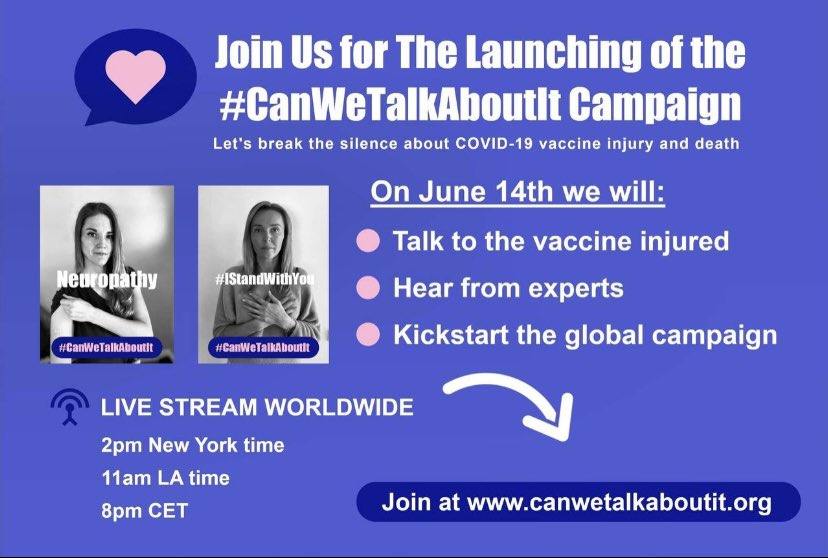C19React's tweet photo. #CanWeTalkAboutIt #vaccins #effetssecondaires Ce 14 juin, une coalition internationale d’associations de patients brise le silence sur les blessures vaccinales à l’occasion de la campagne #CanWeTalkAboutIt, n’hésitez pas à nous rejoindre, c’est par ici
https://t.co/4LgkqHgsV2 https://t.co/QAWdPzrVGR