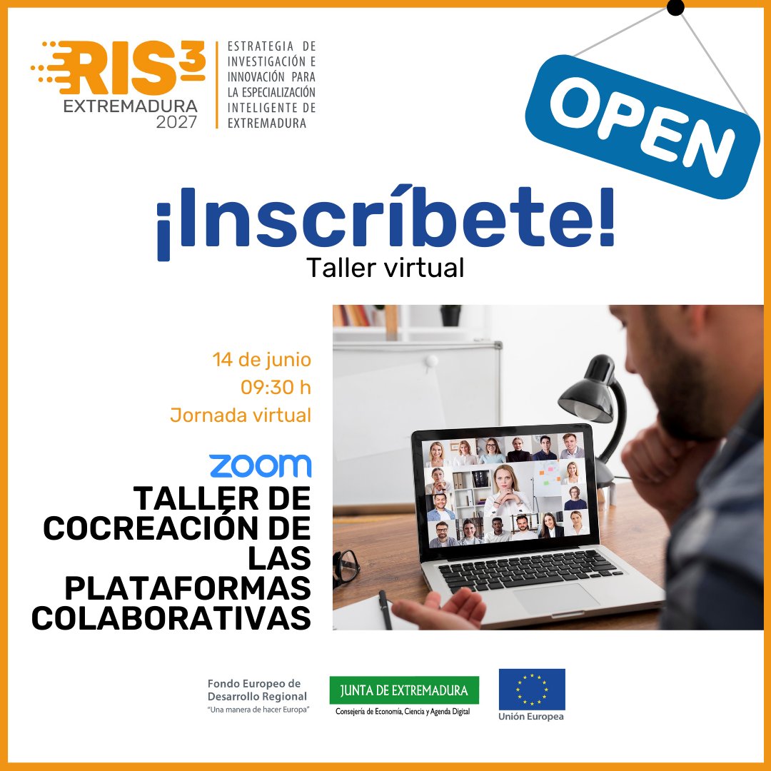 FundecytPCTEX's tweet photo. Taller virtual #RIS3Extremadura para construir los espacios colaborativos que fortalezcan el proceso emprendedor de Extremadura.

El 14/06, un espacio ideal para que academia, centros de investigación, empresas y startups extremeñas colaboren entre sí.  

 https://t.co/kXnCa6Nyut https://t.co/Mgf57P1rNK