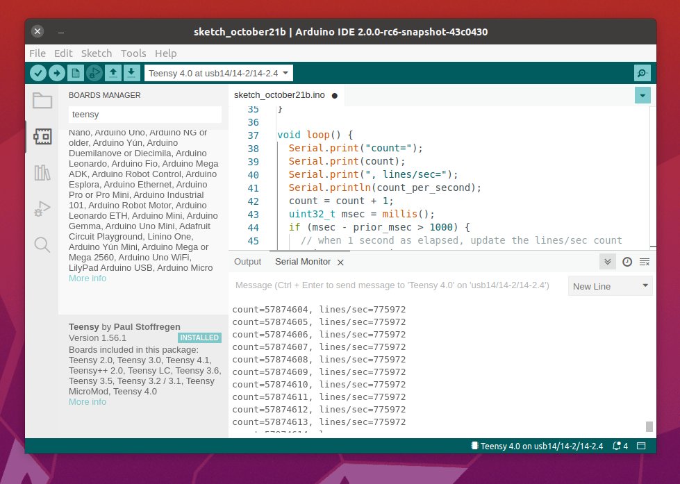 PaulStoffregen's tweet photo. Testing @Arduino IDE 2.0-rc6 snapshot Linux x86-64 build with pluggable monitor support.

Happy to report IDE 2.0-rc6 is capable of keeping up with sustained maximum speed Serial printing from overclocked Teensy 4.0.  Very impressive!  Most terminal emulators can't even keep up. https://t.co/xySgWZNjUY