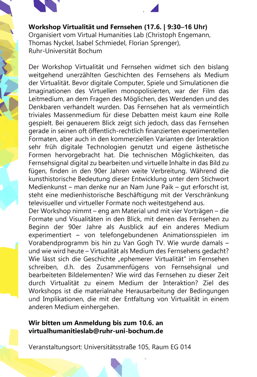 Am 17.6. findet im Rahmen des Virtual Humanities Labs der Workshop "Virtualität und Fernsehen" mit Benjamin Heidersberger, Christoph Ernst, Jens Schröter, Cecilia Valenti und Annette Urban statt. Die Anmeldungen laufen noch bis zum 10. Juni, seid dabei!