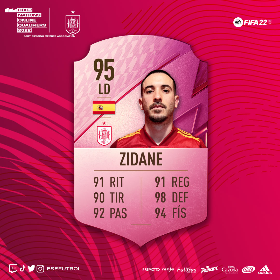 Primer representante de la <a href="/eSefutbol/">eSelección Española ⚽ eSports</a> junto con <a href="/xexufifa/">XEXU</a> en #FIFA19 Menudo clasificatorio! 🤯

Es <a href="/I5IZidane10/">Zidane 10</a>, jugador internacional #FIFA22 x <a href="/Alaves/">Deportivo Alavés</a> 

Su compañero <a href="/AndoniiPM/">Andoni</a> destaca "Su verticalidad e imaginación arriba"

#esports #FeNS #PS5