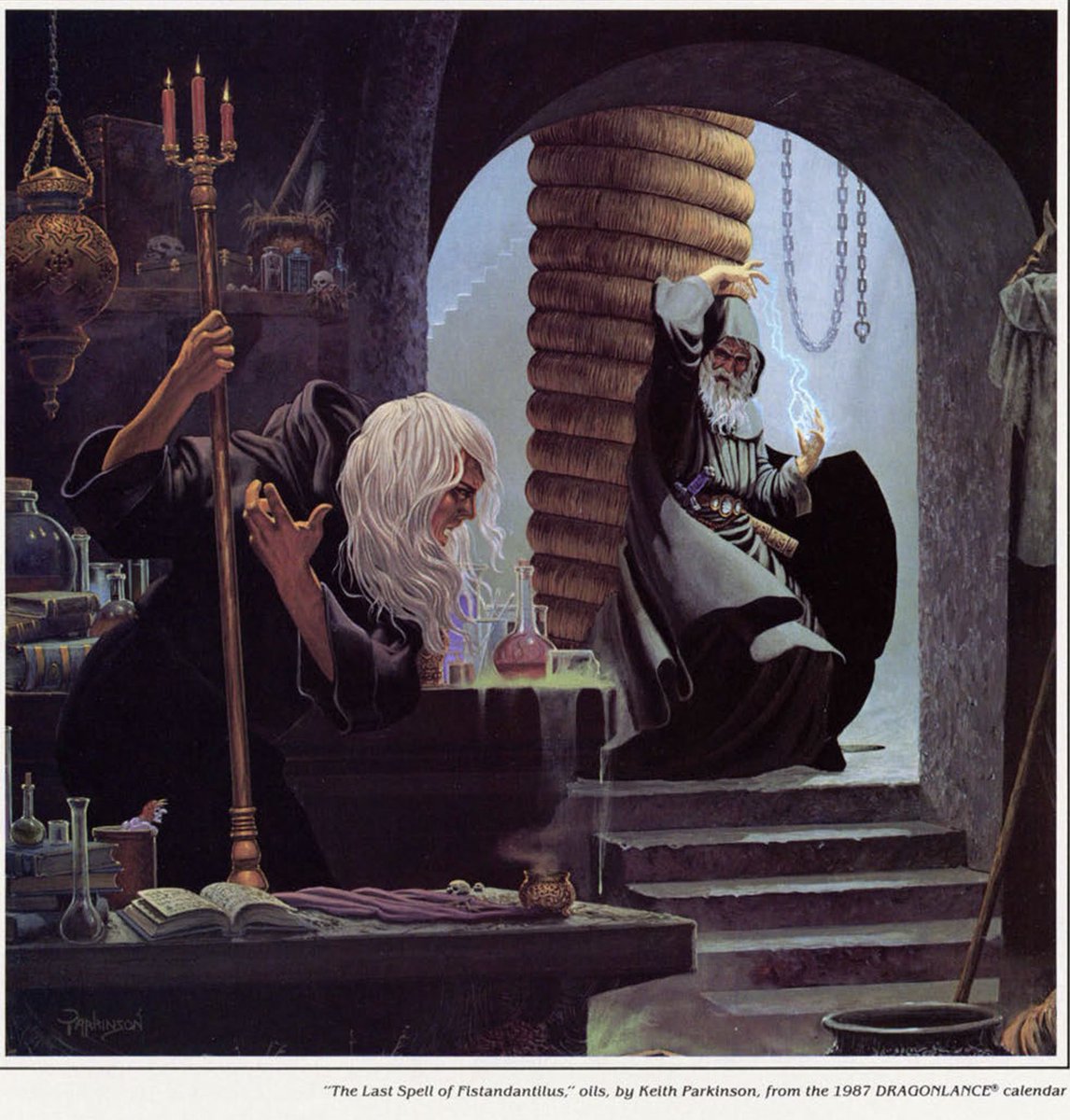A #Dragonlance Did You Know?

See that pillar behind Fistandantilus? It’s actually a huge ROPE!

Parkinson loved the movie Sinbad. The emperor kept his soul at the top of a tower accessible only by a huge rope. He thought it appropriate in portraying this lair of the evil mage.