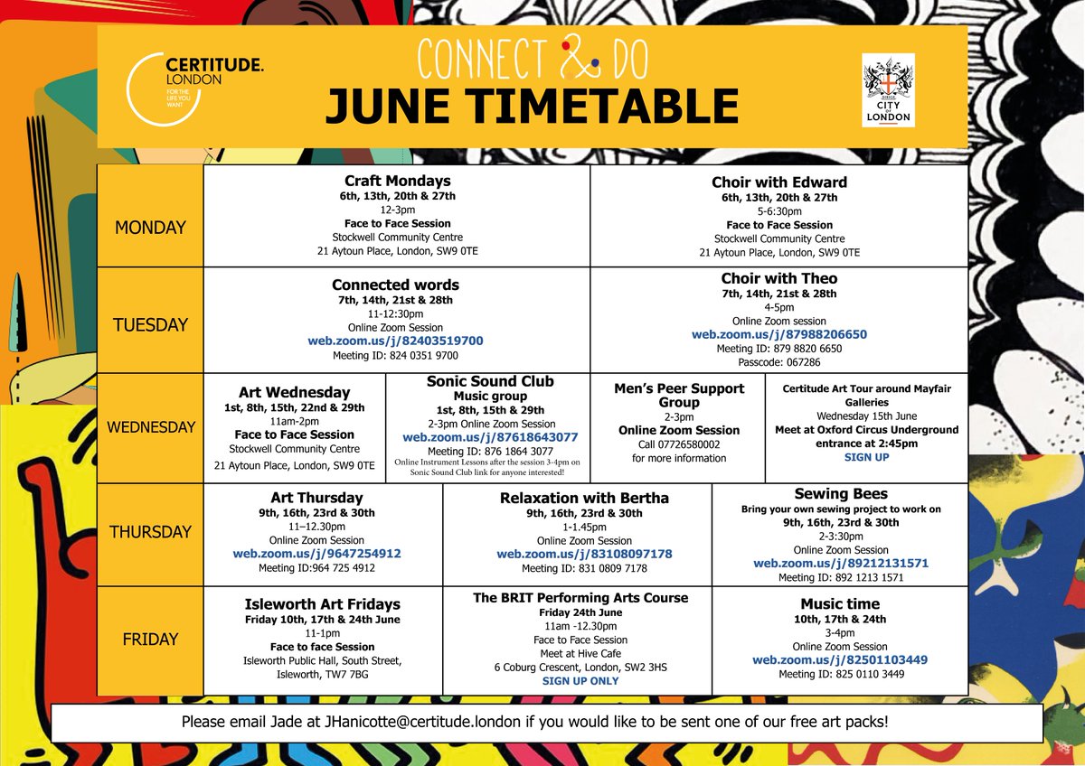 Meet new friends, start new hobbies or even enjoy a moment of relaxation this month with the <a href="/ConnectAndDo/">Connect & Do</a> team!

This month's calendar is action packed filled with activities ranging from music to art to meditation.

All sessions are free &amp; open to all! ow.ly/XAkA50JlEgI