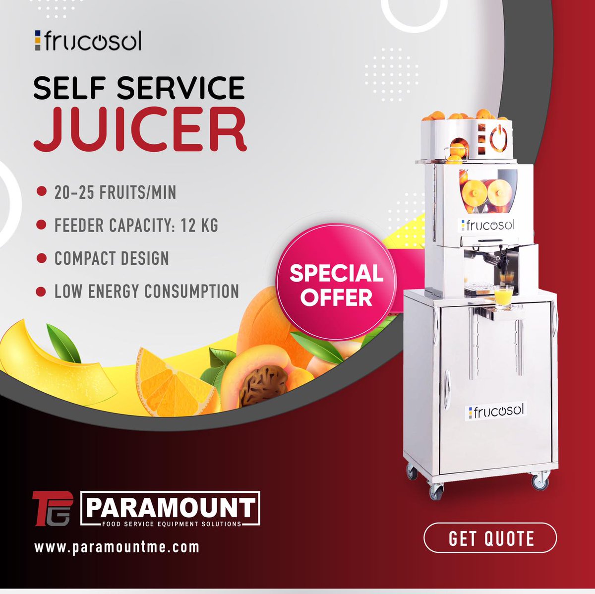 ParamountFSE's tweet photo. Compact #Juicer from #Frucosol with automatic feeding & switch on/off system.
High-Quality & fast production, the best self-service juicer for your business.
👉Get Quote at https://t.co/9QyHiDwWiP
#ParamountFSE https://t.co/GgTnqrK9dh