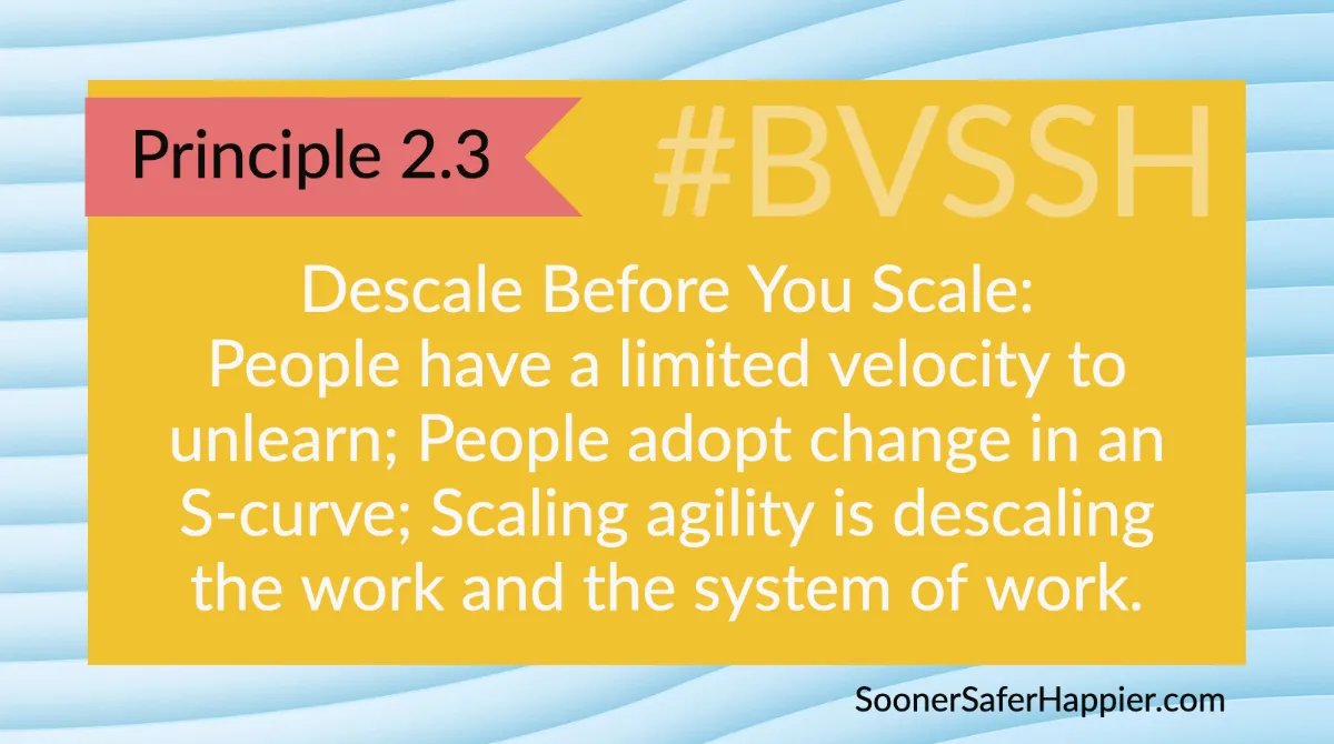 jonsmart's tweet photo. Want to scale Agile? 
Don't.
Continuously descale the work. 

Descaling the work IS scaling agility.

Smaller teams, smaller increments of value, alleviating impediments to flow, breaking dependencies, with high alignment via OKRs, safety and minimal viable guardrails. 

#BVSSH https://t.co/utSr9nUkau