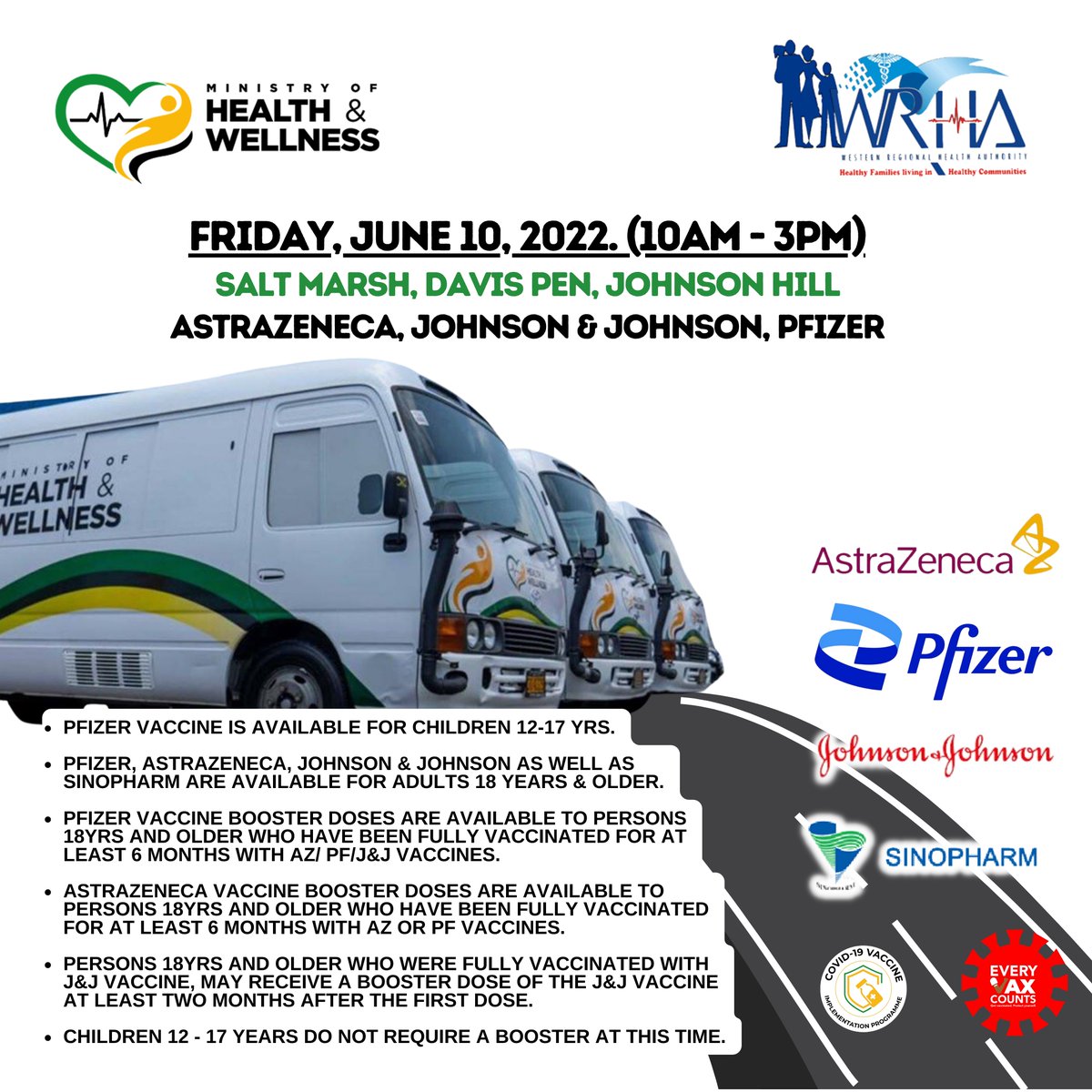wrhagovjm's tweet photo. We're on the mooovvveee! Get vaccinated at any of the mobile sites this week!
Please see the sites you can visit.
*Please load for 4K Image*
#GetVaccinatedToday. #VaccinateJa #GetVaccinated #GetBacktoLife https://t.co/rgeSjsQoUA
