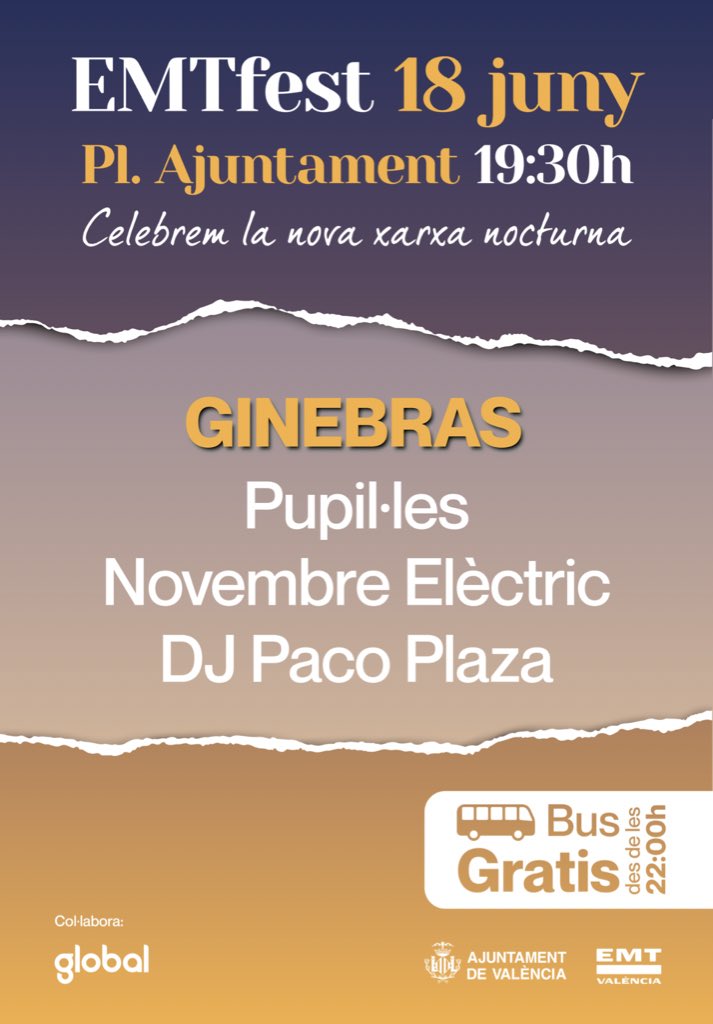 🎸La plaça de l'Ajuntament serà escenari de l'#EMTFest, que l'<a href="/emtvalencia/">EMT València</a> organitza per a celebrar la posada en funcionament de la nova xarxa nocturna🚍. Amb concerts de <a href="/pupiles_oficial/">Pupil·les</a>, <a href="/GinebrasBanda/">GINEBRAS</a>, entre altres, i bus gratuït des de les 22h
🗓️18/6
🔗bit.ly/3HbYbuh
