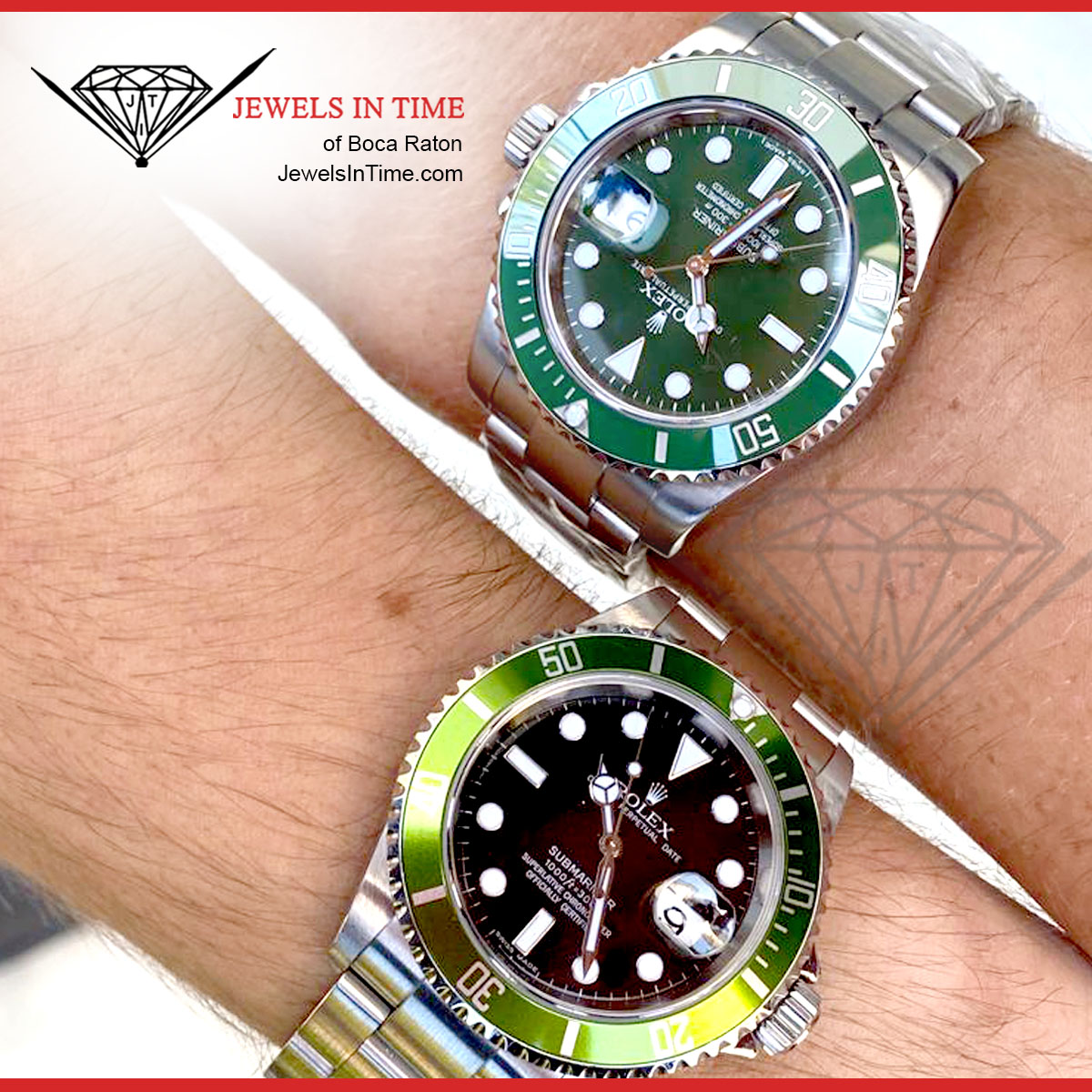 jewelsintime's tweet photo. When it comes to well known Rolex models, the Hulk and Kermit are equally famous. But if you can only purchase one, which would you choose? #JewelsInTime #LuxuryTimepiece #Rolex #Hulk #Kermit #FathersDayGift https://t.co/N9MgZO02O6