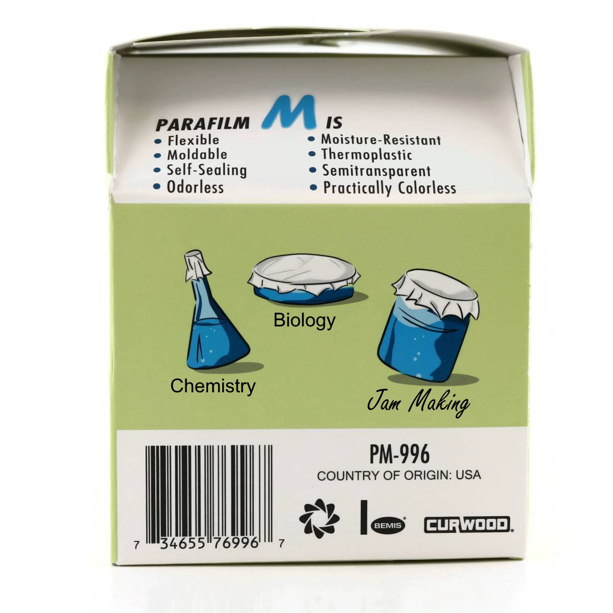 A close up of a box of Parafilm, showing the drawings of a flask, a dish, and a beaker seal with Parafilm. The flask is labelled Chemistry, the dish Biology, and the beaker Jam Making. Jam Making is written in a different  hand-written style font