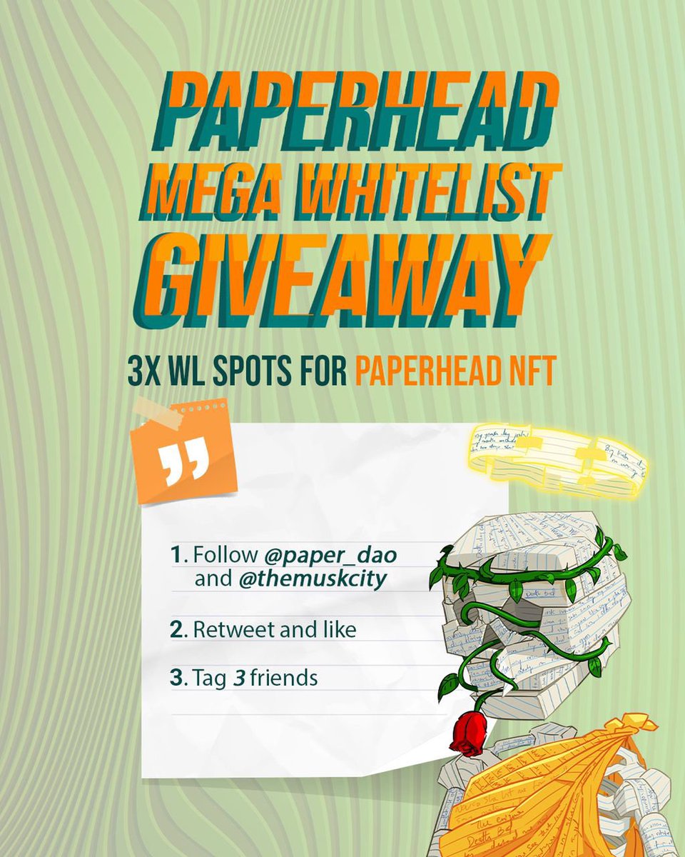the49thstreet's tweet photo. 🚨💎 MEGA WL GIVEAWAY💎🚨
3x WL SPOTS FOR @Paper_dao !
1️⃣ FOLLOW @paper_dao @themuskcity
2⃣ RT + LIKE
3⃣ TAG 3 FRIENDS 🫂
WINNERs IN 24 HRS 🎉
#paperdao #Eriggapaperhead #EriggaNFT #PHdaobyErigga #Muskcity https://t.co/veEz9yz7FF
