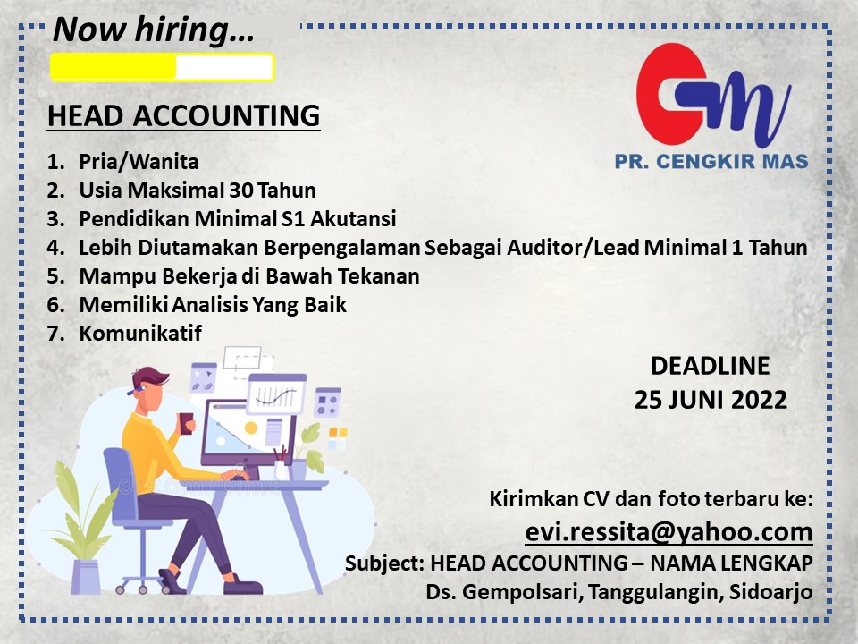 dhimasari95's tweet photo. PR Cengkir Mas membuka peluang pekerjaan untuk posisi Head Accounting.

deadline : 25 Juni 2022
kualifikasi dan alamat pengiriman dapat dilihat di bawah ini. terima kasih
#lokercot 
@hrdbacot https://t.co/wxeRnKD3hz