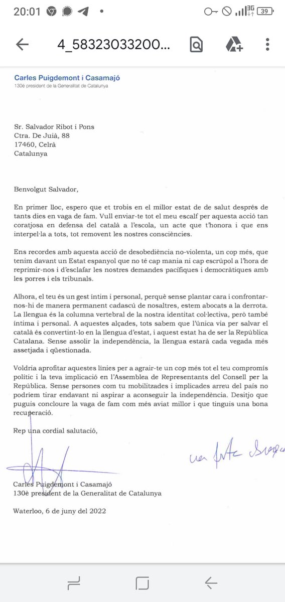 muscluman's tweet photo. #VagaDeFamPelCatalà  Dia 12

He demanat permís al MHP @KRLS publicar aquesta carta que m'ha adreçat.
Orgullós del nostre president legítim.

#elcatalànoestoca https://t.co/jheHSQgLKh