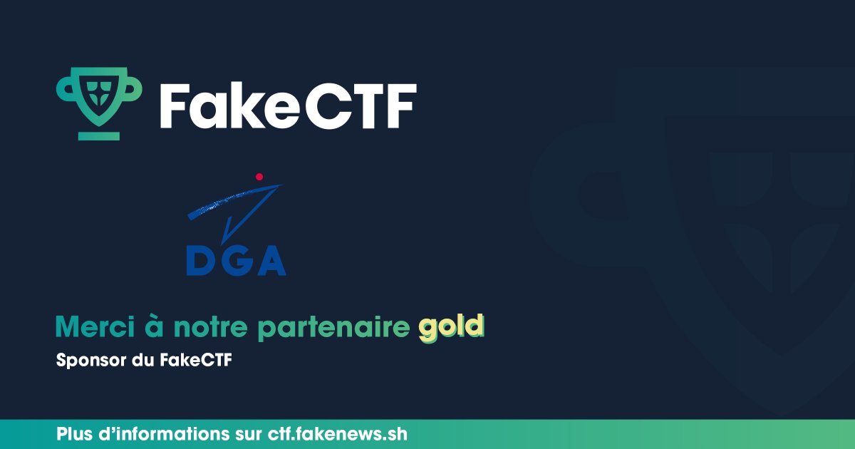 teamfakenews's tweet photo. Merci à la @DGA qui sponsorise le #FakeCTF !
En tant que sponsor #Gold, ils contribuent très fortement au bon fonctionnement de l'évènement.
https://t.co/2kXZ7NJYc1
#cyberexpert https://t.co/7bW9qCczjQ