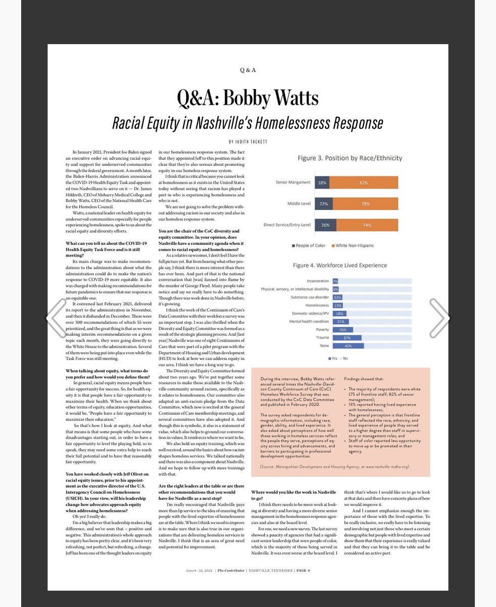 JudyTackettTN's tweet photo. Racial Equity needs to be addressed in Nashville’s homelessness response. Read about it in my Q&amp;A with @BobbyWatts6 in @TheContributor. Bobby is the CEO of @NatlHCHCouncil, is a national leader on equity, and chairs our CoC’s Diversity and Equity Committee. https://t.co/KhoIAugS1h