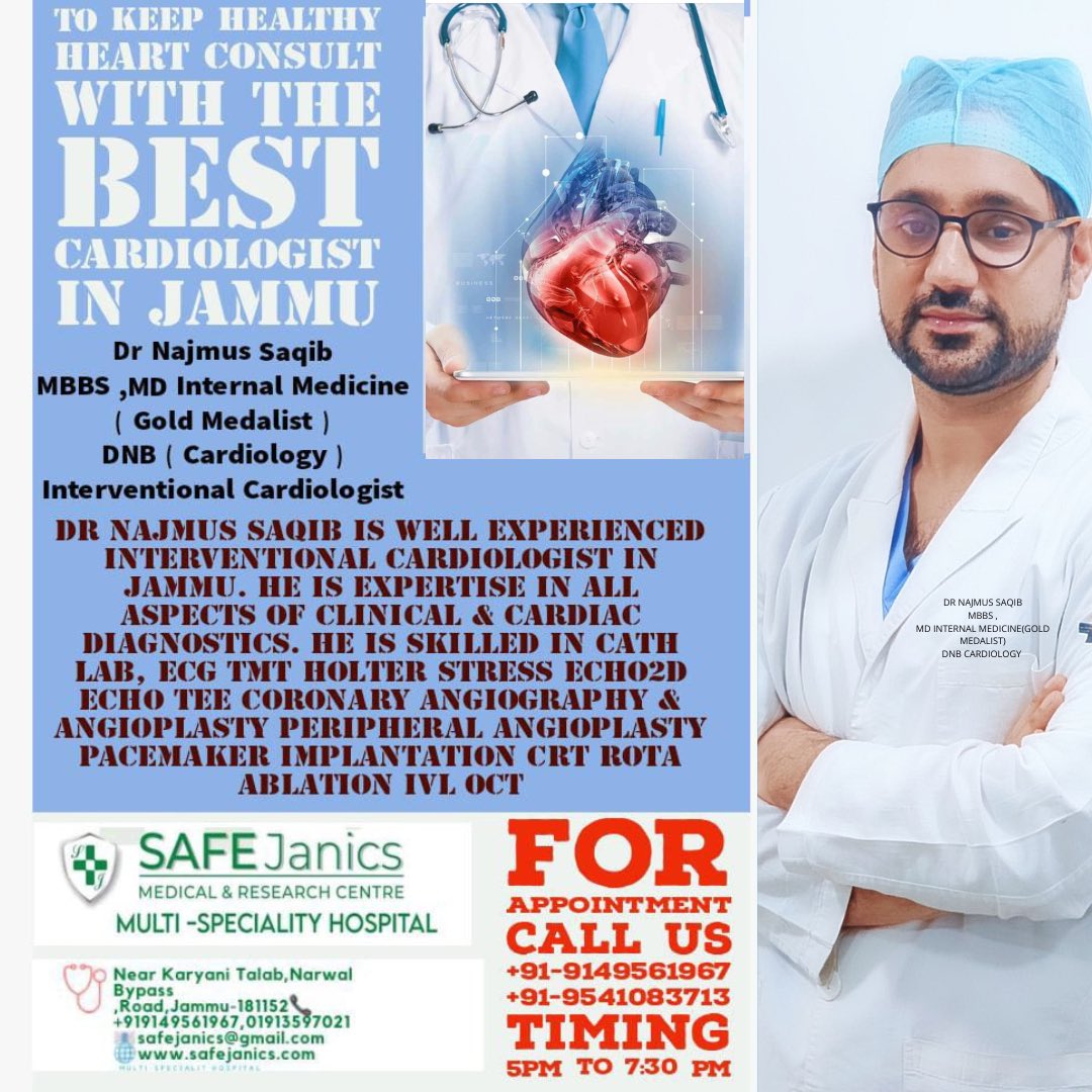 safejanics's tweet photo. We  at Safe Janics Medical &amp; Research Centre are extremely happy to welcome our Dear 
Dr Najmus Saqib, 
Consultant Cardiologist. 
With an empathetic nature &amp; best qualifications , he is an outstanding expert in the field of medicine and cardiology. 
#cardiology #cardiologist https://t.co/XwG94FQPMx