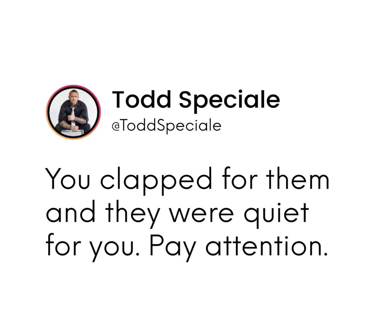 ToddSpeciale's tweet photo. Applaud someone else’s success.
That’s the real flex.
Some of you won’t and some of you haven’t.
Having more, doesn’t mean you’re more.
Giving more does.
#MSGA #PraiseOthers #TSPESH https://t.co/GQIfv34J4h