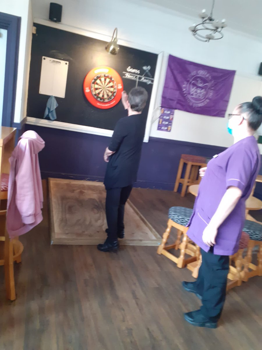GodivaLodge's tweet photo. Thank you colleague, Lyndsey at #GodivaLodge for sending me these photos of a Friday lunch time a trip to the local pub for a shandy and a game of darts....mags said she hadn't played for a few years....Well I can say she well and truly loved it ♡
~Emma @AnchorLaterLife https://t.co/y8xva20hAK