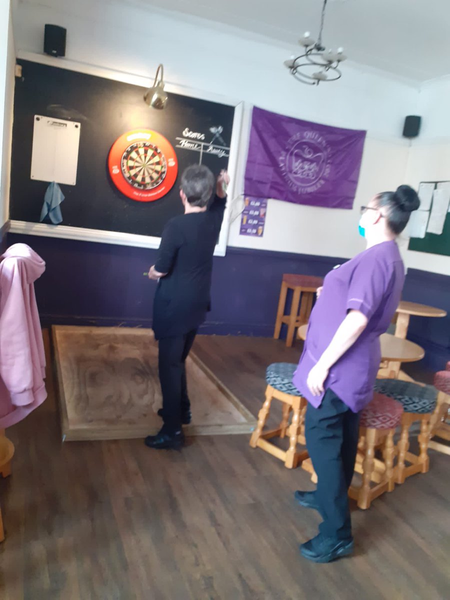 GodivaLodge's tweet photo. Thank you colleague, Lyndsey at #GodivaLodge for sending me these photos of a Friday lunch time a trip to the local pub for a shandy and a game of darts....mags said she hadn't played for a few years....Well I can say she well and truly loved it ♡
~Emma @AnchorLaterLife https://t.co/y8xva20hAK