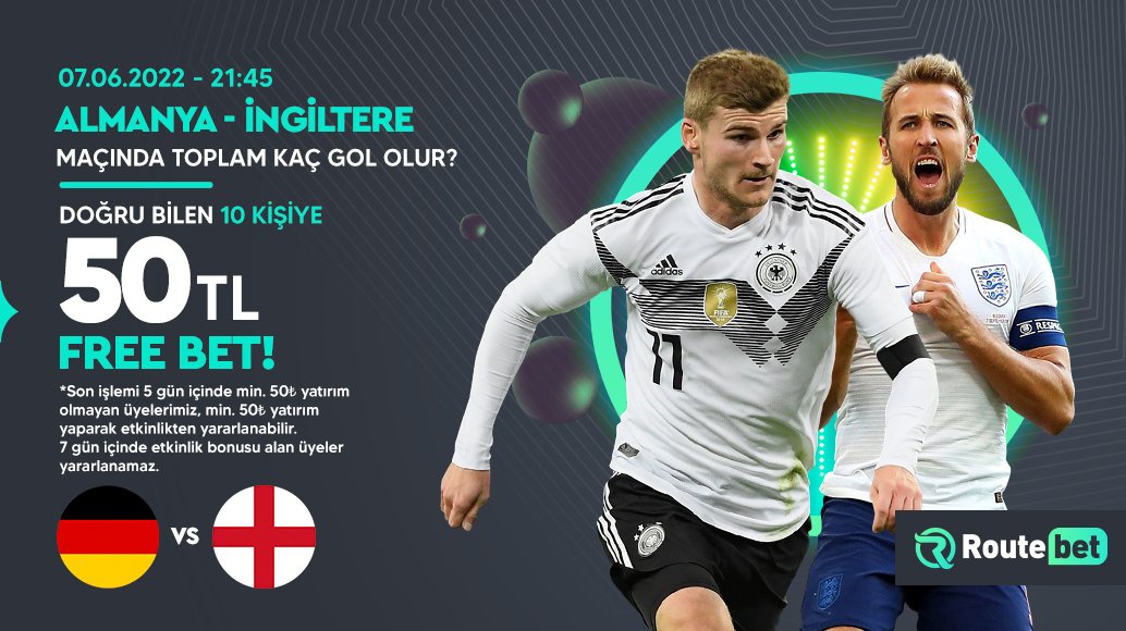 🎁 Almanya - İngiltere maçının TOPLAM GOL SAYISINI doğru tahmin eden 10 KİŞİYE 50₺ FREE BET! 💵 

✅ Hesabımızı takip et 
✅ 3 arkadaşını etiketle 
✅ Kullanıcı adını ve tahminini yazarak RT yap
✅ Takip et; <a href="/Terskose00/">Ters Köşe</a> 🍀 
Kural görselde.

📱linktr.ee/routelink