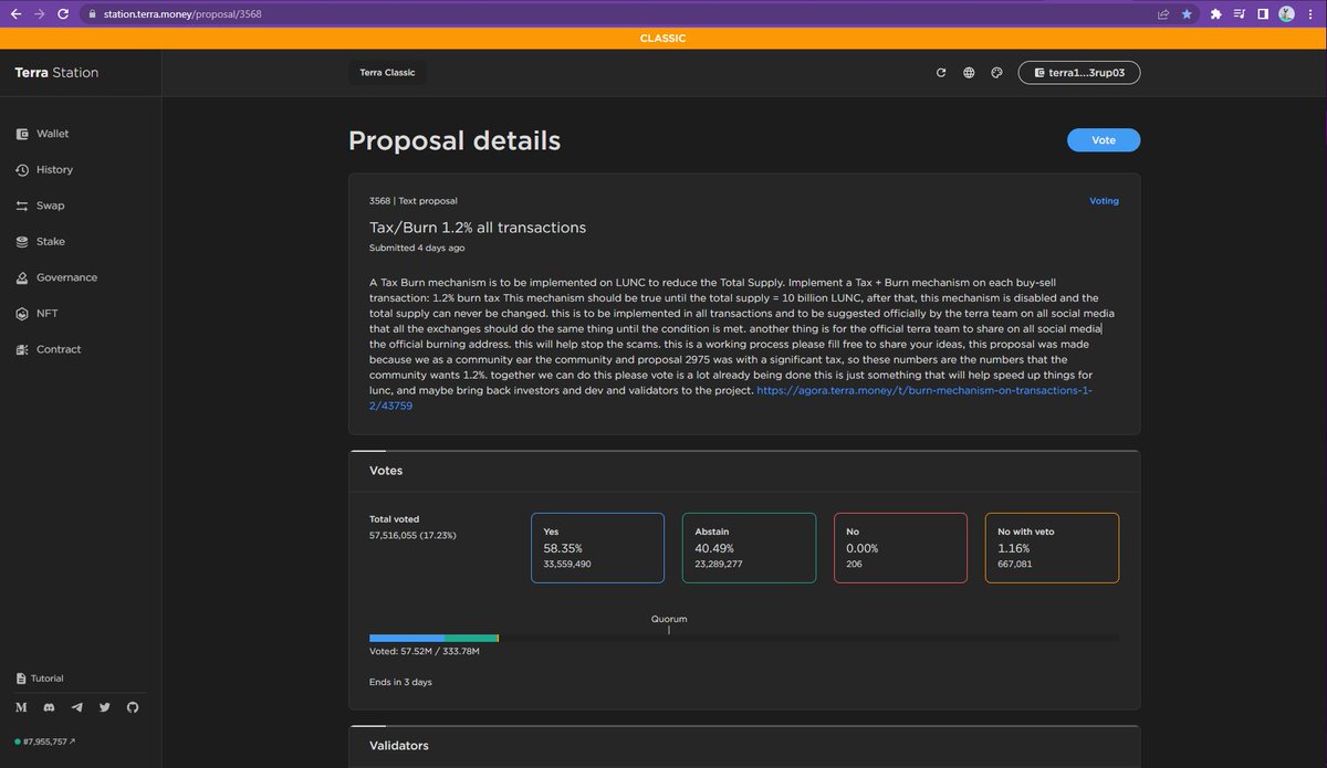 HappyCatKripto's tweet photo. #LUNC PROPOSAL 3568 UPDATE

Yes 58.35%
Abstain 40.49%
No 0.00%
No with veto 1.16%

Vote Here 
https://t.co/aMrbBCFAKP

Retweet this out folks! You need a terra wallet and 1 LUNC to VOTE! Your vote matters!

#lunaClassic https://t.co/ooMEd5XXn3