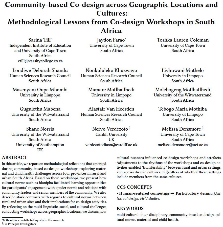 Nervo Xavier Verdezoto (@nervoxavier) on Twitter photo Pre-print of our #PDC2022 paper "Community-based Co-design across Geographic Locations & Cultures: Methodological Lessons from Co-design Workshops in South Africa" with amazing South African co-authors <a href="/ictdchick/">Melissa Densmore</a> -CoMaCH project funded by <a href="/UKRI_News/">UK Research and Innovation</a> <a href="/GCRF/">Global Challenges Research Fund (GCRF)</a> bit.ly/3tiFf75 Pre-print of our #PDC2022 paper "Community-based Co-design across Geographic Locations & Cultures: Methodological Lessons from Co-design Workshops in South Africa" with amazing South African co-authors <a href="/ictdchick/">Melissa Densmore</a> -CoMaCH project funded by <a href="/UKRI_News/">UK Research and Innovation</a> <a href="/GCRF/">Global Challenges Research Fund (GCRF)</a> bit.ly/3tiFf75