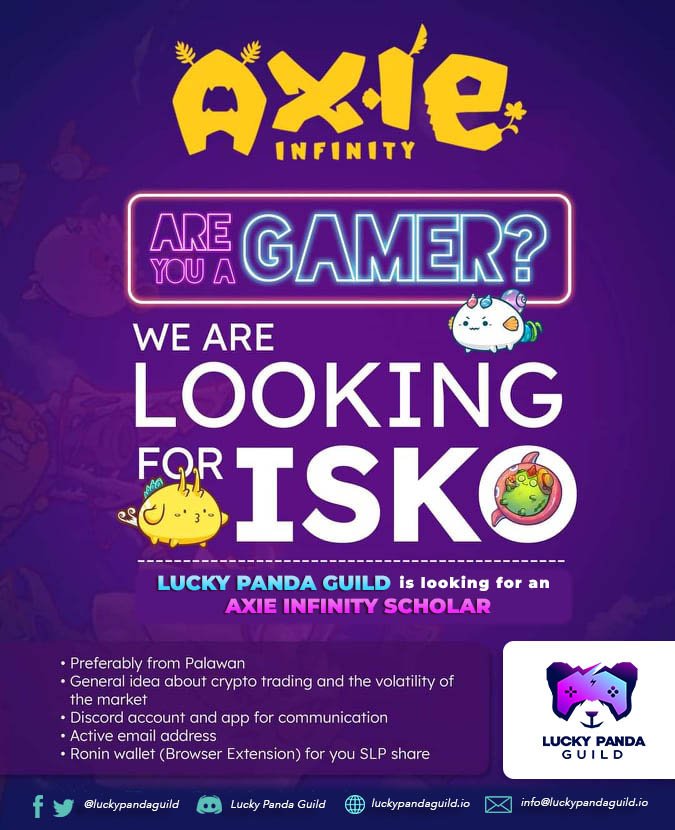 luckypandaguild's tweet photo. If you are interested to become a guild member, you may register on our 🌐 website: https://t.co/zr80fDuPsl
⚔️Fill out this form if you would like to be an Axie Scholar: https://t.co/3zmGDu6e88
🤖 Join our Discord Server https://t.co/obMhzKNmqo 
#luckypandaguild #gaming #P2E #NFT https://t.co/v2i73uoJT0