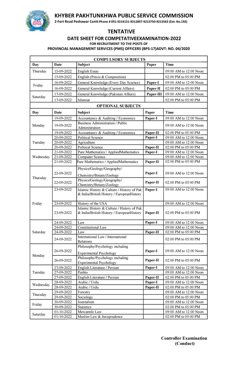 ForumPms's tweet photo. DATE SHEET FOR COMPETATIVE EXAMINATION-2022 FOR THE POSTS OF PROVINCIAL MANAGEMENT SERVICES (PMS) OFFICERS (BPS-17) ADVT: NO. 04/2020
#PMSKP https://t.co/Ufev5QLs4b