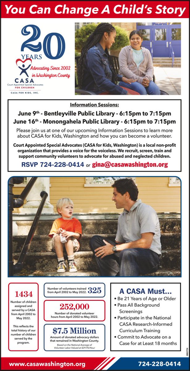 casa_county's tweet photo. You Can Change a Child's Story! Join us for an upcoming informational session and learn more about becoming a Court Appointed Special Advocate.  RSVP to gina@casawashington.org or call 724-228-0414.
#ChangeaChildsStory https://t.co/0dS9BGG3OS