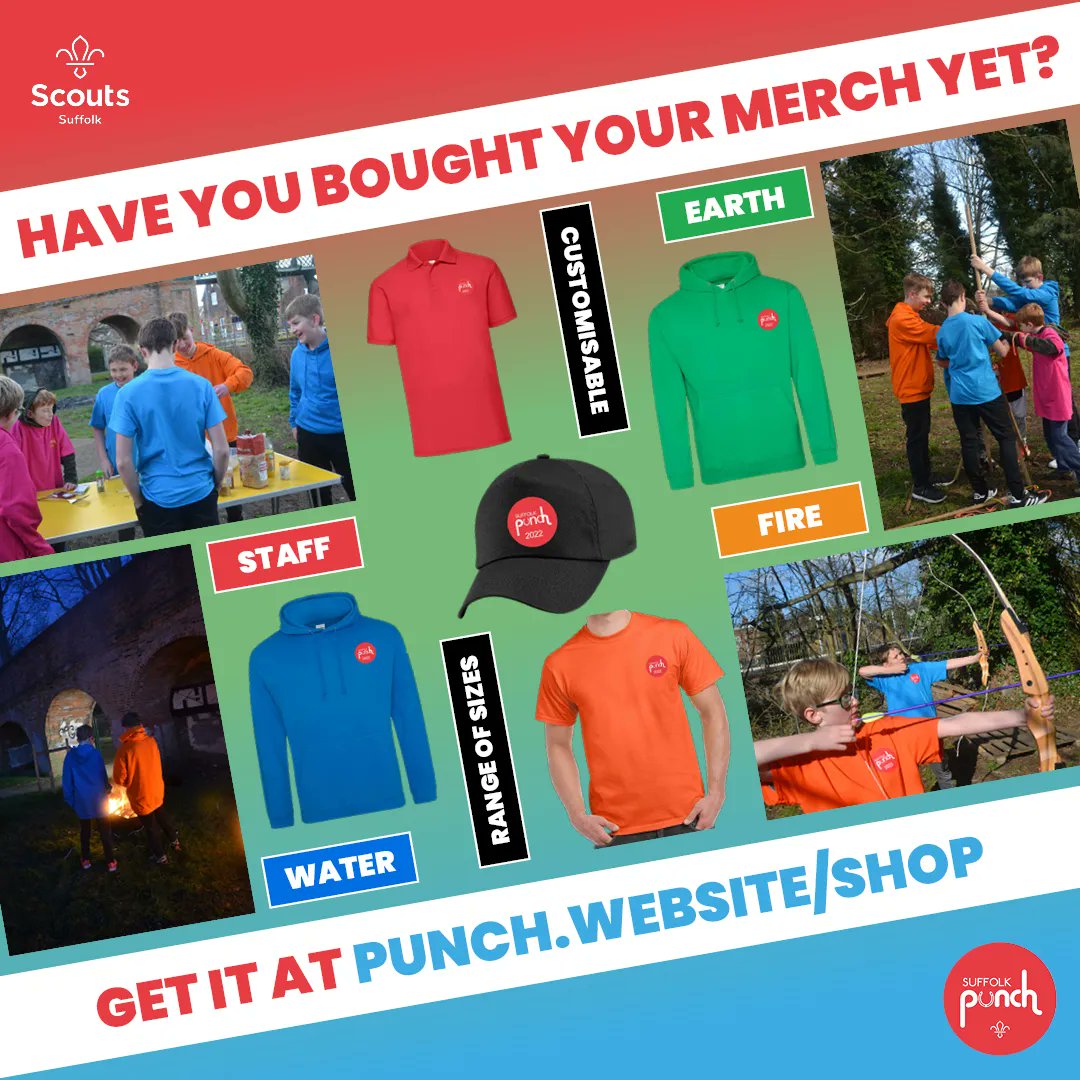 Don't forget to pick up your Suffolk Punch merch from punch.website/shop 👕

We have caps, t-shirts, polos and hoodies available in a range of sizes and everything can be customised with your name!

#SuffolkPunch22 #SkillsForLife #Scouts #Merch #Clothing #Customise #Subcamp