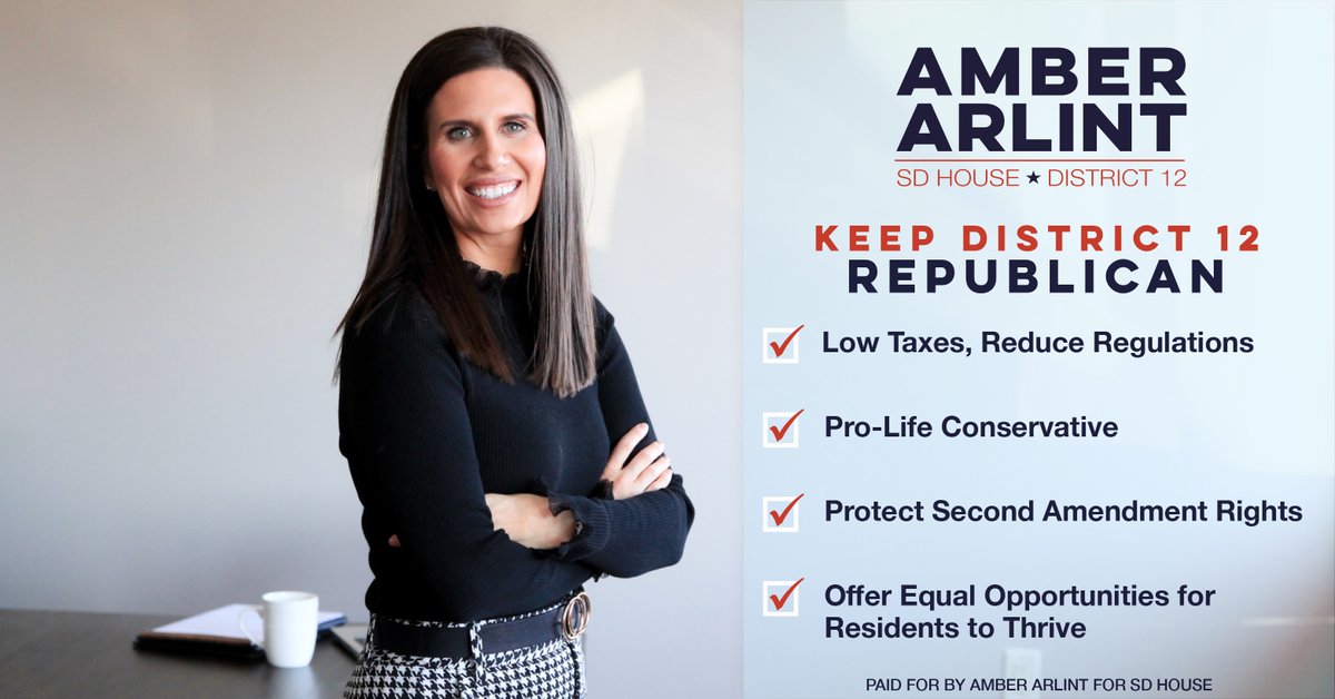 Election day is today! Let's keep District 12 #Republican by voting #AmberArlint!
#StrongEconomy #LowTaxes #ProLife #Conservative #ProtectRights #EqualOpportunities #GrowBusinesses #KeepSDOpen #Vote #AmberArlintSD #SouthDakota