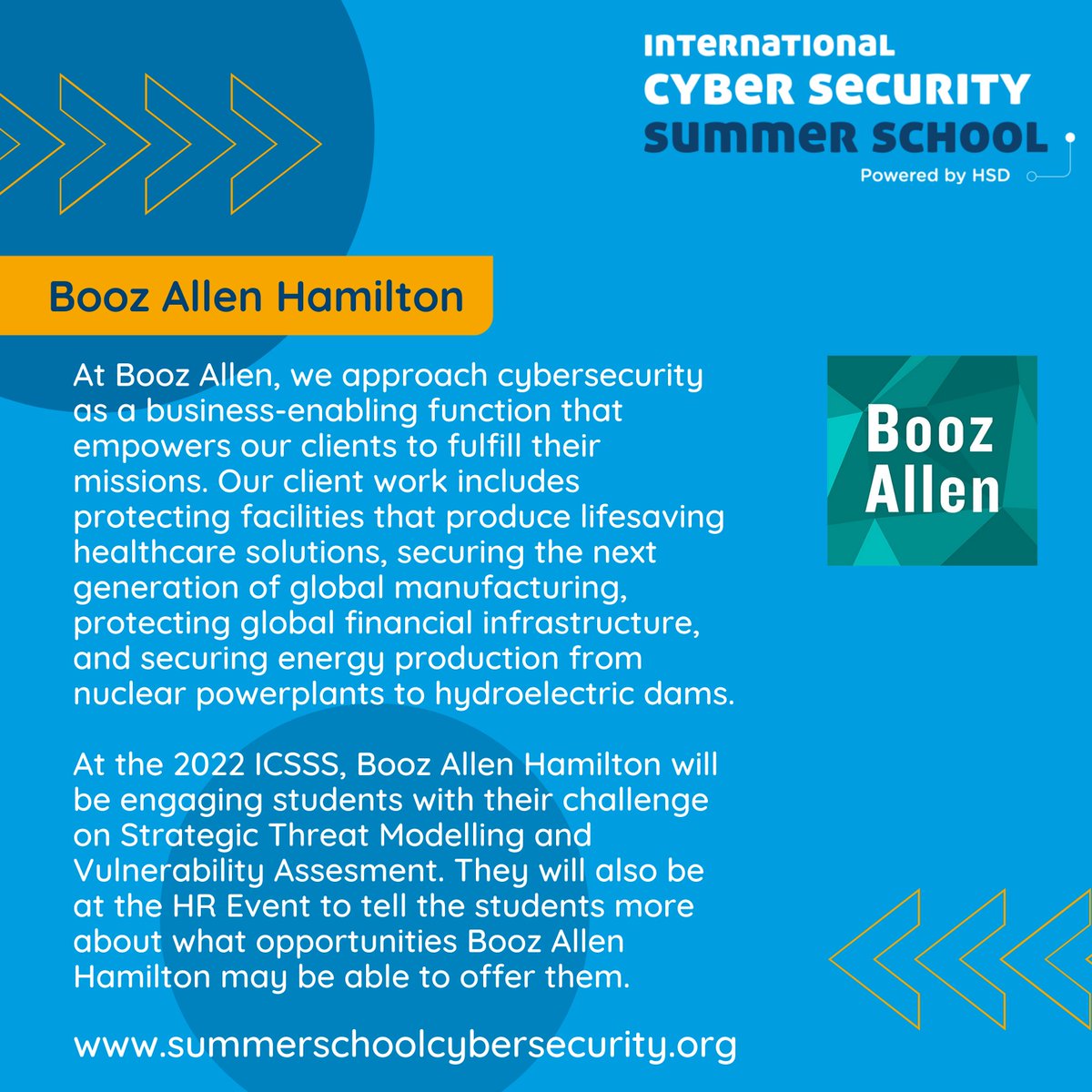 The #ICSSS partner we would like to introduce to you today is <a href="/BoozAllen/">Booz Allen Hamilton</a>!

We look forward to hearing the advices the students develop in their challenge on Strategic Threat Modelling and Vulnerability Assesment.

#cyber #CyberSecurity