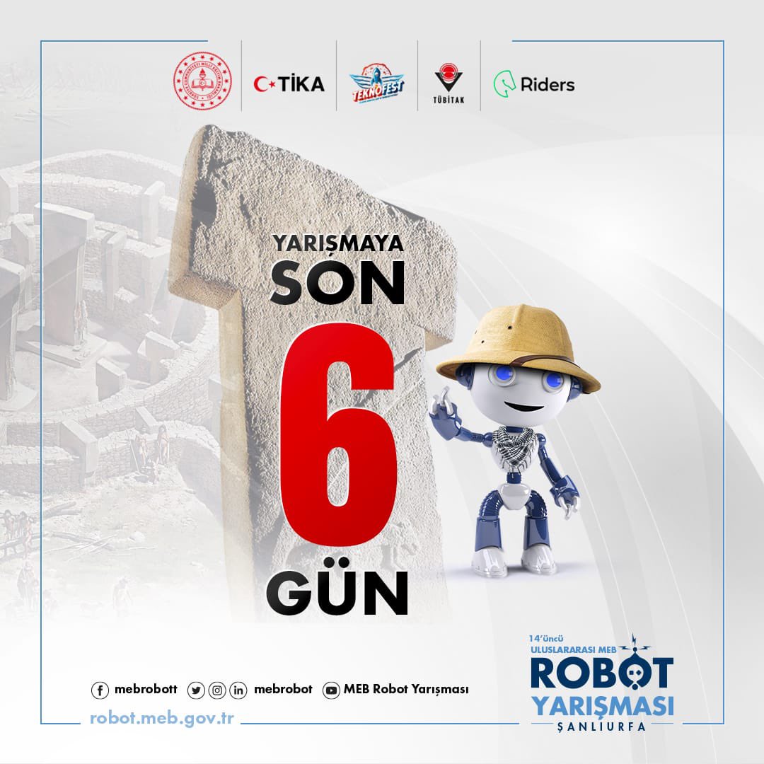 #MEBrobotyarışması | 🤖

⌛Yarışmaya son 6️⃣ gün. 

14. Uluslararası MEB Robot Yarışması, 13-16 Haziran tarihleri arasında Şanlıurfa GAP Arena Spor Salonunda. 🤖

 🌐 robot.meb.gov.tr
