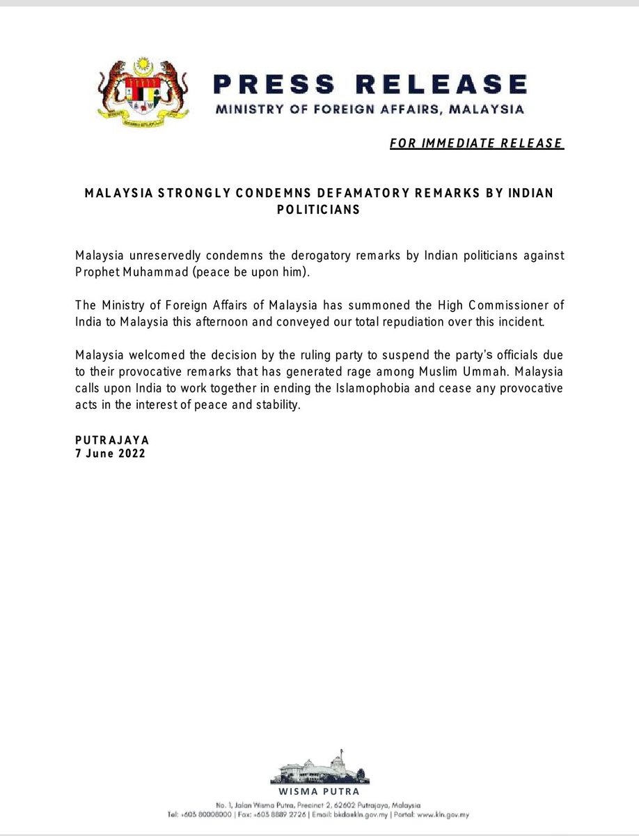 MalaysiaMFA's tweet photo. Press Release: Malaysia strongly condemns defamatory remarks by Indian politicians

@saifuddinabd @KamarudinJaffar @amran_zin @CheongLL_WP @JPenerangan @bernamadotcom https://t.co/FiOSigFQxu