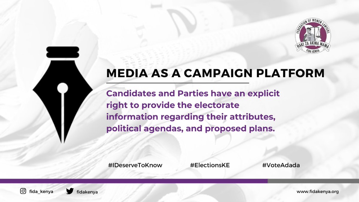 fidakenya's tweet photo. ๐บ๐๐ป#Media as #CampaignPlatform
During electioneering, the media should provide balanced reporting, ensuring that candidates receive fair coverage to provide the electorate information regarding their attributes, political agendas & proposed plans. #IDeserveToKnow #ElectionsKE https://t.co/WGOHJ3mCfB