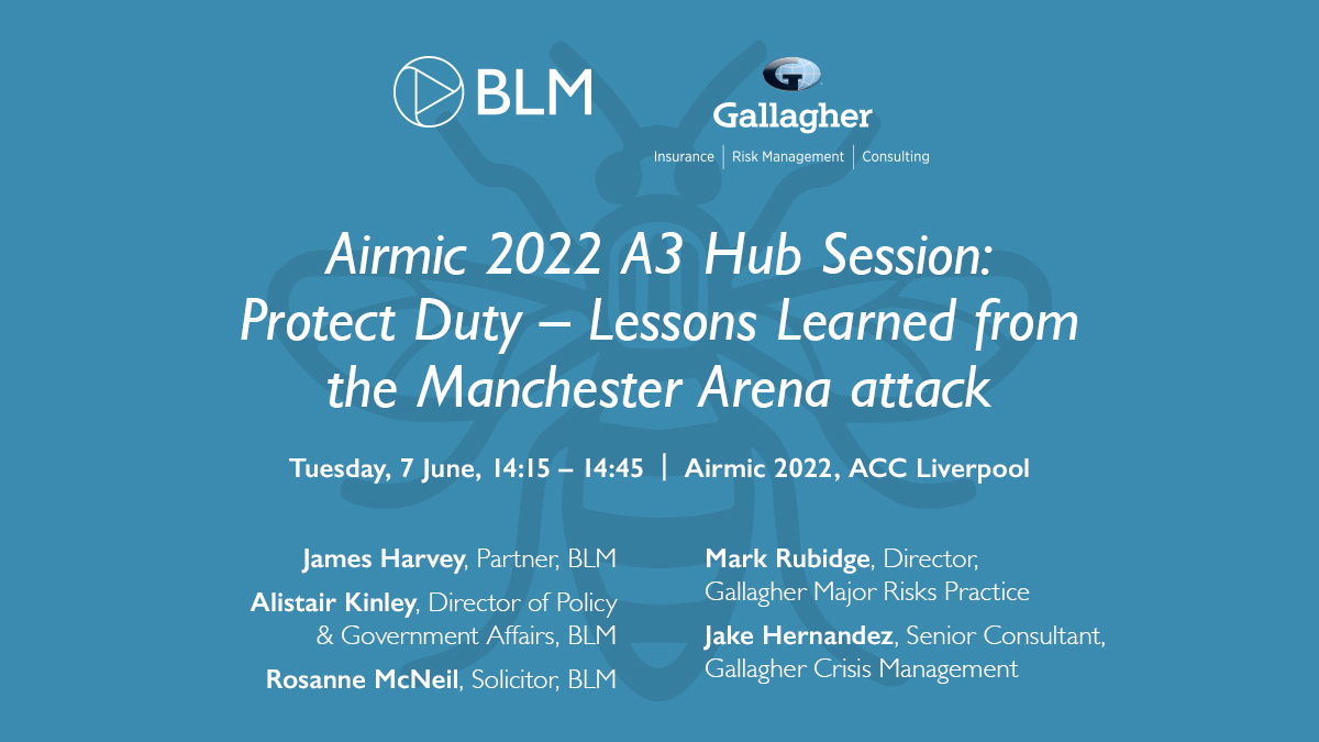 1 hour to go! Join us at BLM and @GallagherUK 's #airmic2022 A3 hub session on Protect Duty - Lessons learned form the Manchester Arena attack. Our speakers created an informative briefing video ahead of the session. Watch here: youtu.be/pdCmujMUSHc #protectduty