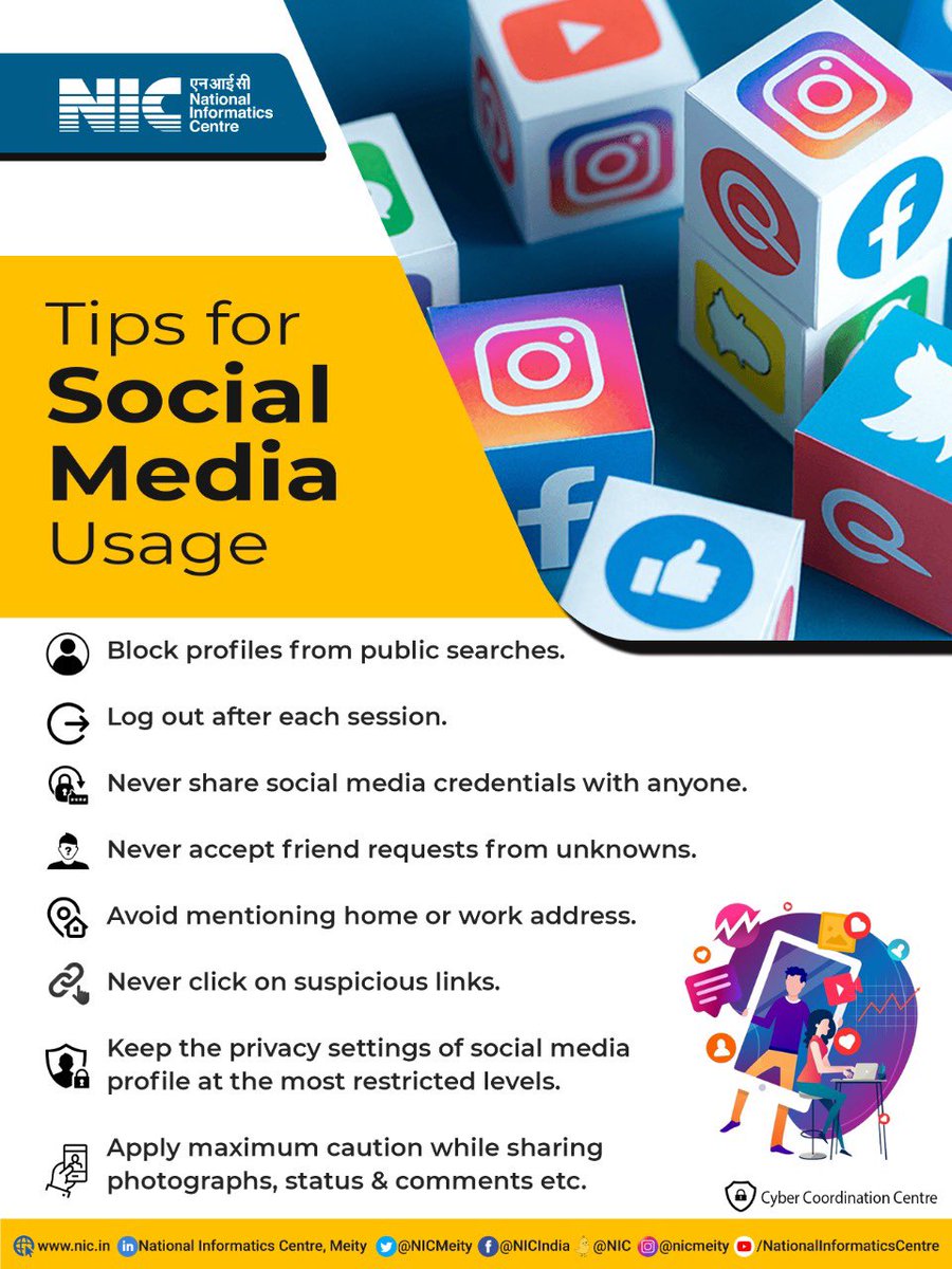NICMeity's tweet photo. 8 Ways to Stay Safe on #SocialMedia.
#NICMeitY #digitalindia #ictsolution #socialmediastrategy https://t.co/YH5mBmBxyF