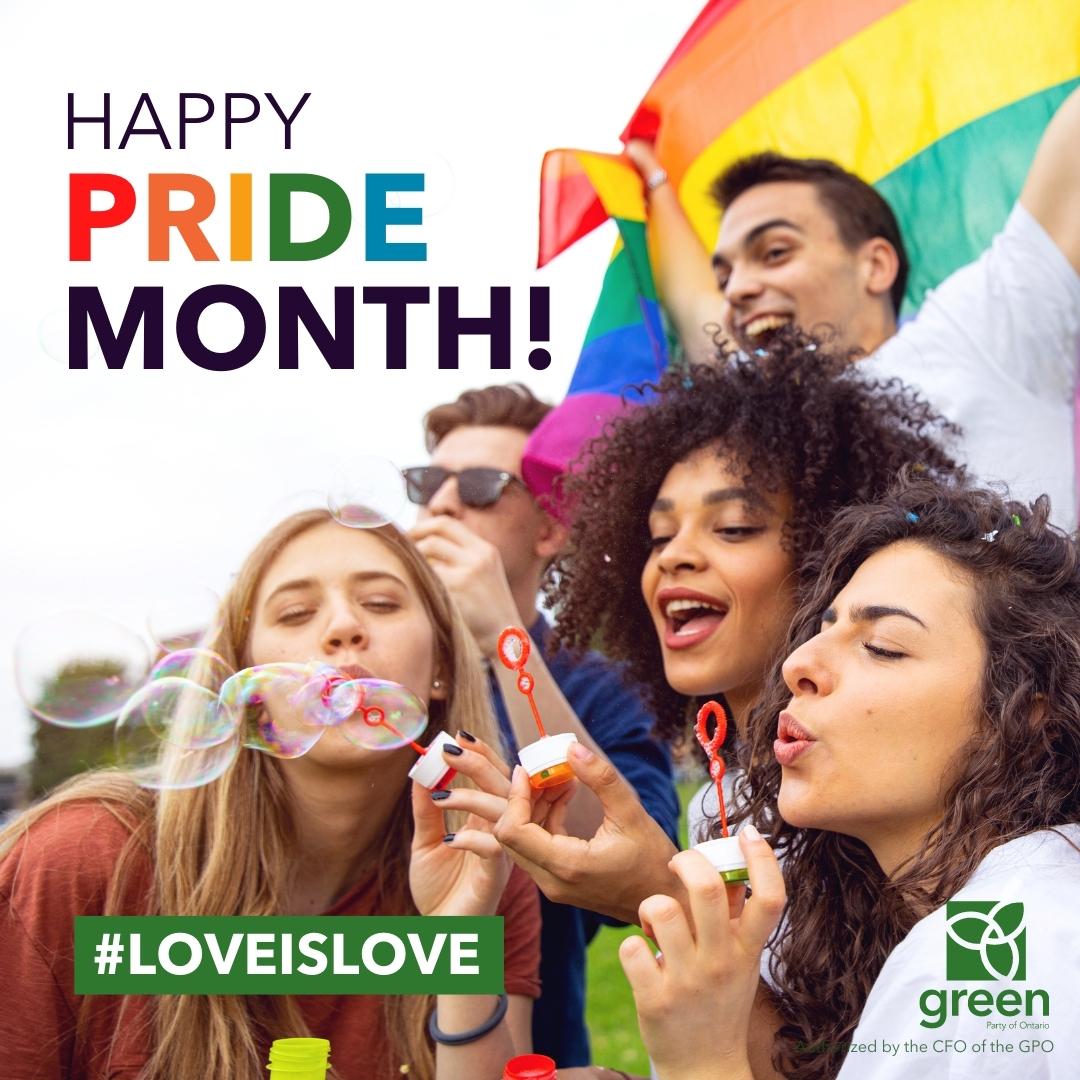 Happy #PrideMonth from the Ontario Greens! 

We stand in solidarity with the 2SLGBTQIA+ community. Everyone deserves to live a life true to themselves &amp; free from discrimination.

#LoveIsLove 💚 #Pride #onpoli #pride2022