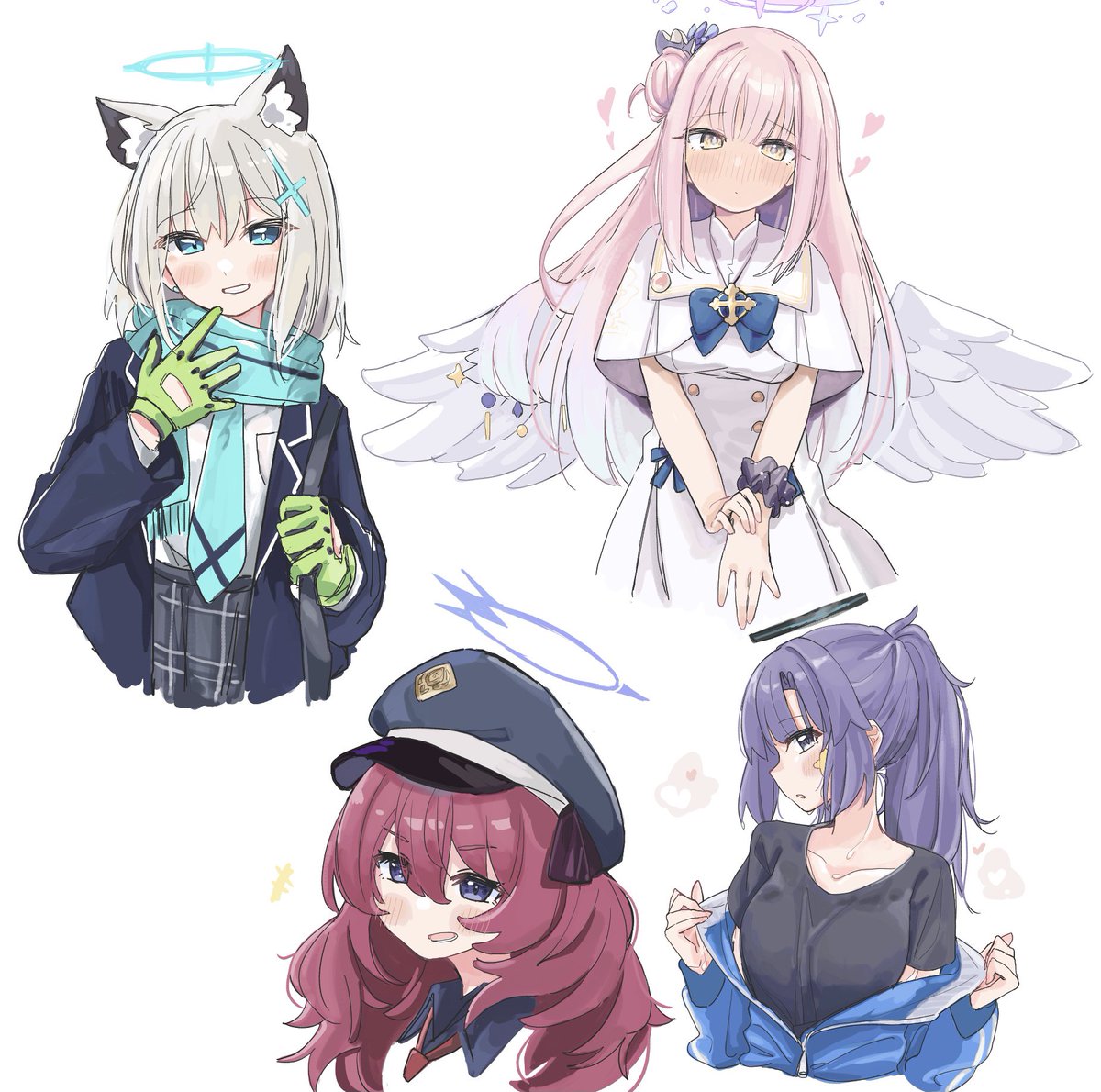 mika (blue archive) ,shiroko (blue archive) halo multiple girls 4girls animal ears hat jacket wings  illustration images