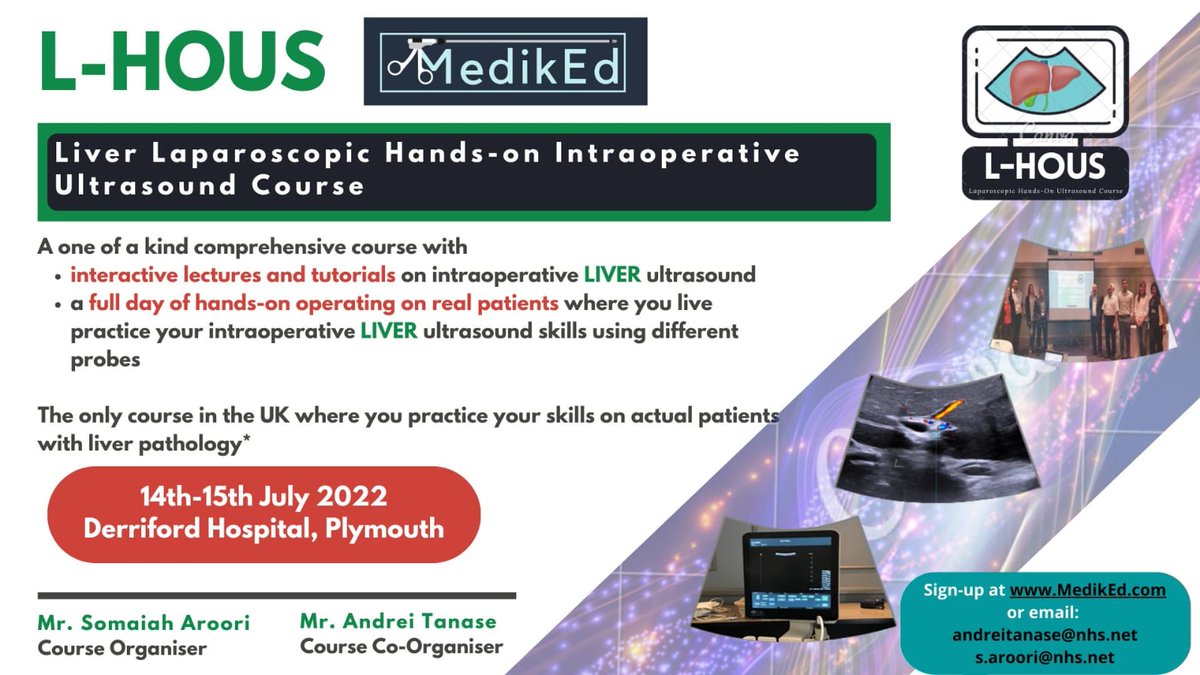 AndreiTanase84's tweet photo. We are delighted to announce next hands-on intraop liver ultrasound course on 14-15 July 2022 at University Hospitals Plymouth.  Please signup at https://t.co/x8gRuPIQPl @Pete_Labib @somaiaharoori @RCSEd @liveRPancSurg @Adam_Frampton1 @cdopazo1 @Medik_Ed @roux_group @GBIHPBAnews https://t.co/A7k0F0DAz3