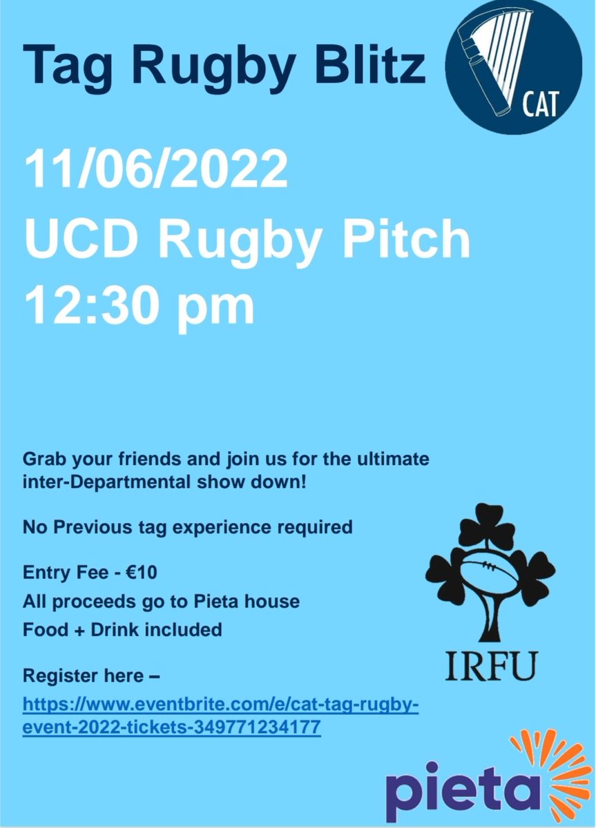 AnaesTrainees's tweet photo. Looking for something fun to do this weekend? Look no further!

Pop over to UCD this weekend for our Tag Rugby Blitz! 

When: Saturday, 11th June at 12:30pm

Registration 🔗 https://t.co/ErcWlgUxJ2

Tickets are €10 each and are in aid of Pieta House.

All are welcome! https://t.co/EuqB0cjM14