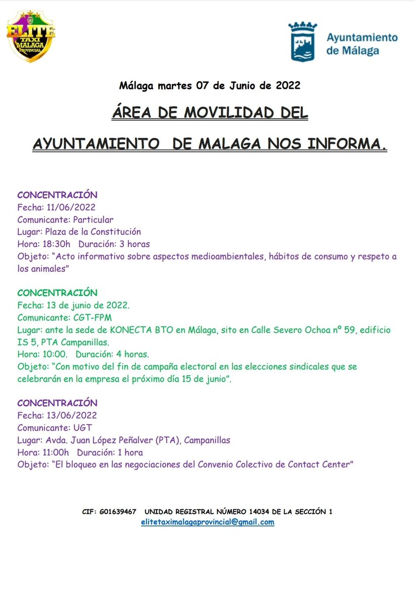EliteTaxiMalaga's tweet photo. #Lanzamos
esta #Nota #Informativa del #Ayuntamiento de @malaga
Para tod@s l@s #Compañeros de la #Capital y la #Provincia
Rogamos que se #Difunda a tod@s l@s #Taxistas por si tienen algún #Servicio que dejar en alguna de las #Zonas mencionadas.
1 saludo de
#ETMP
@AUMATMalaga https://t.co/e2Z8ZhPujL