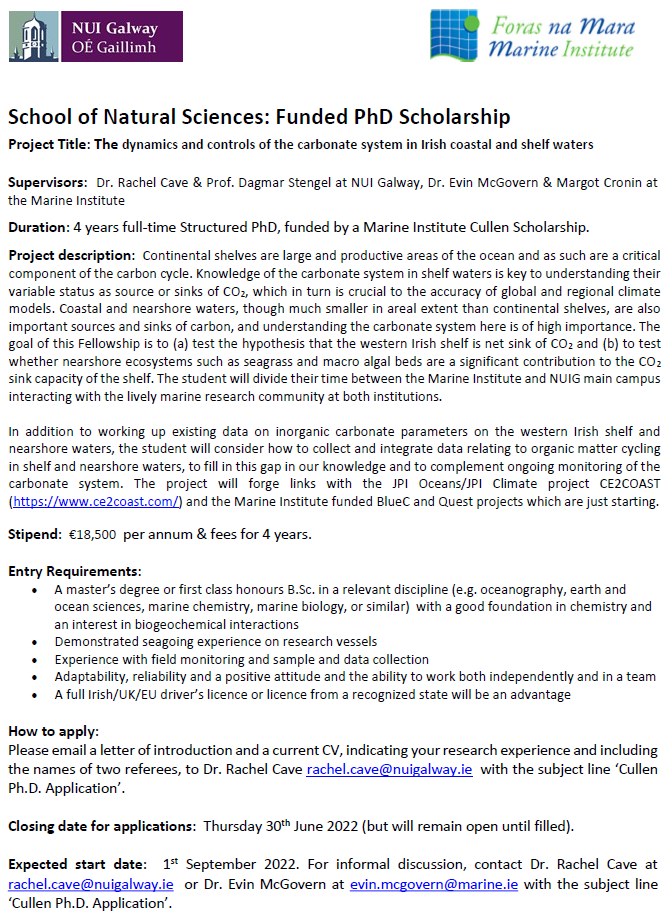 JPI_CE2COAST's tweet photo. 📢Funded PhD Scholarship through @nuigalway @EOS_NUIG @MarineInst 

Deadline: 30 June 2022
See photo for instructions on how to apply! 

#vacancy #job #PhD #fellowship #Cullen #research #CO2 #carbonsink #Ireland #Irishshelf #ocean #oceans #coastal #oceanography #chemistry https://t.co/1Raul4Cr9K