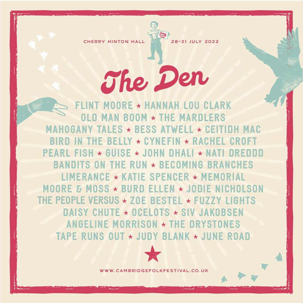 CamFolkFest's tweet image. Allow us to introduce you to the 2022 line up for The Den! This is your opportunity to catch tomorrow&apos;s stars today, jam-packed with over 30 exciting new talents including @BessAtwell  @jodienic_music @thisismemorial and many more.

Find out more here 👉 cambridgelive.org.uk/folk-festival/…