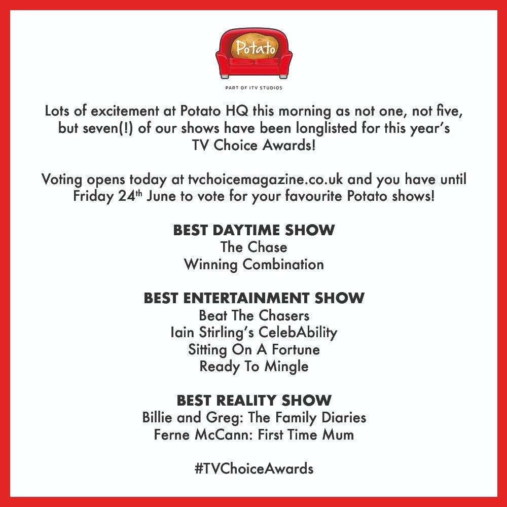 Lots of excitement at Potato HQ this morning as not one, not five, but seven(!) of our shows have been longlisted for this year’s <a href="/TVChoice/">TV Choice</a> Awards!

You have until Friday 24th June to vote for your favourite Potato shows! #tvchoiceawards 
➡️ tvchoicemagazine.co.uk/vote