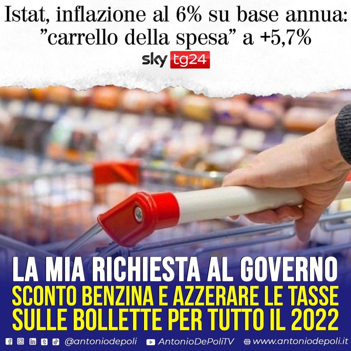 AntonioDePoli's tweet image. #Istat fotografa uno scenario preoccupante: crescono i prezzi, #inflazione corre al 6%. Al Governo chiediamo il rinnovo dello sconto #benzina per tutto il 2022 e di azzerare gli oneri sulle #bollette di #luce e #gas in maniera strutturale antoniodepoli.it/index.php/ista…