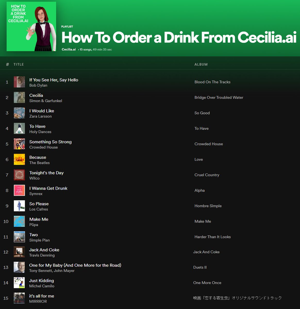 TheCecilia_ai's tweet photo. Have you ever wondered how to order your cocktail from https://t.co/OF4lRCNSET?

So you better listen up - because we’ve put together a #playlist with songs that'll help you get yourself a drink.

#DrinkWithCecilia #Spotify #Cocktails https://t.co/TlIW3e0wIF