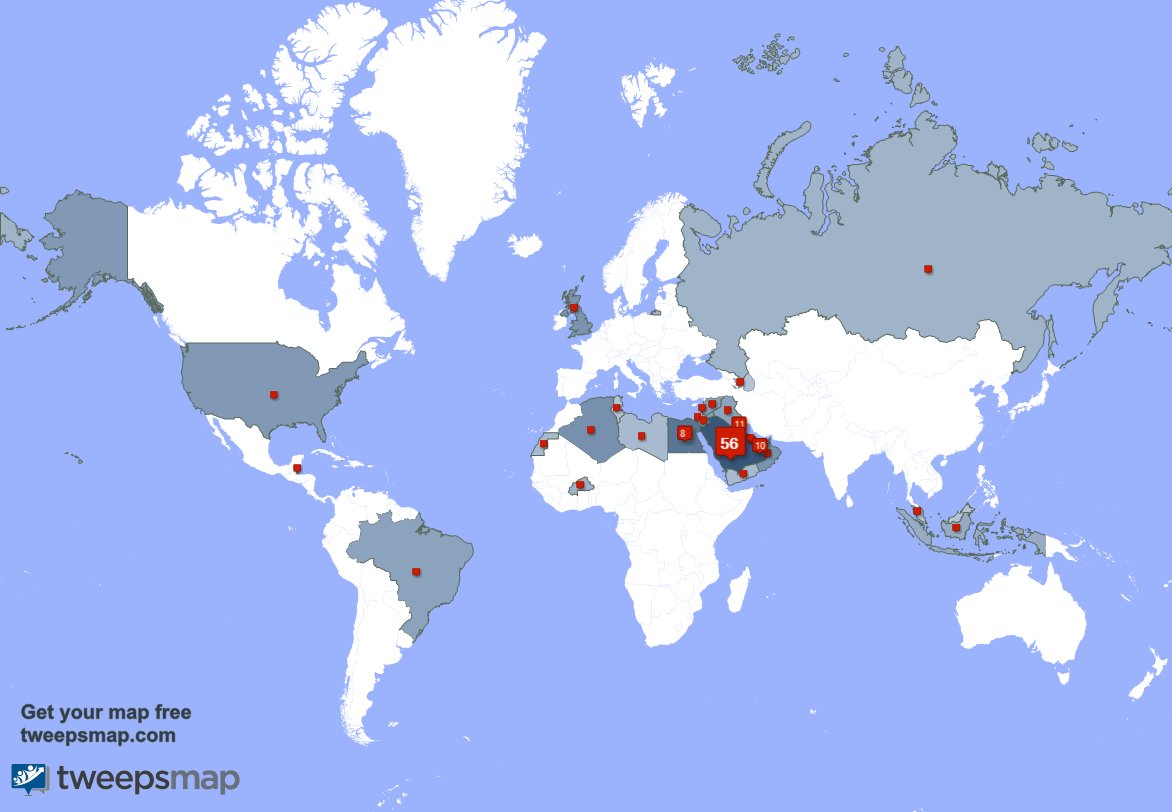حسب tweepsmap.com/!AlsaadAs حوالي56% من متابعيني يعيشون في السعوديه والكويت(11%),الامارات العربيه المتحده(10%)