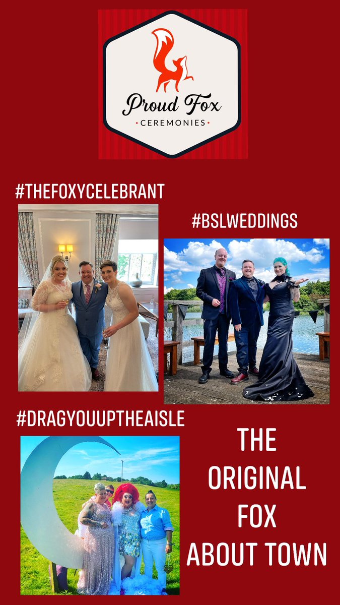 #TheOriginalFoxAboutTown PROUD FOX CEREMONIES The only #Foxy Ceremonies for #FoxyCouples 
#DragYouUpTheAisle #TheFoxyCelebrant  #FoxyAF 
#DragQueenWedding #DragQueenCelebrant #SameSexWeddings #GayWedding #LGBTQWedding #MaleCelebrant
#BSLWedding #BSLCelebrant  
#gettinghitched